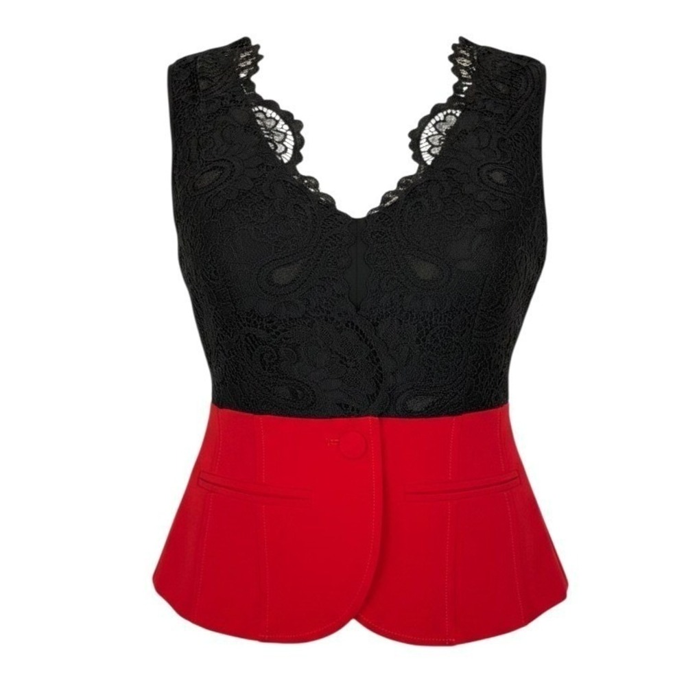 7th Avenue Design Studio NY&C Women's 00 Petite Black Lace Red Peplum Top